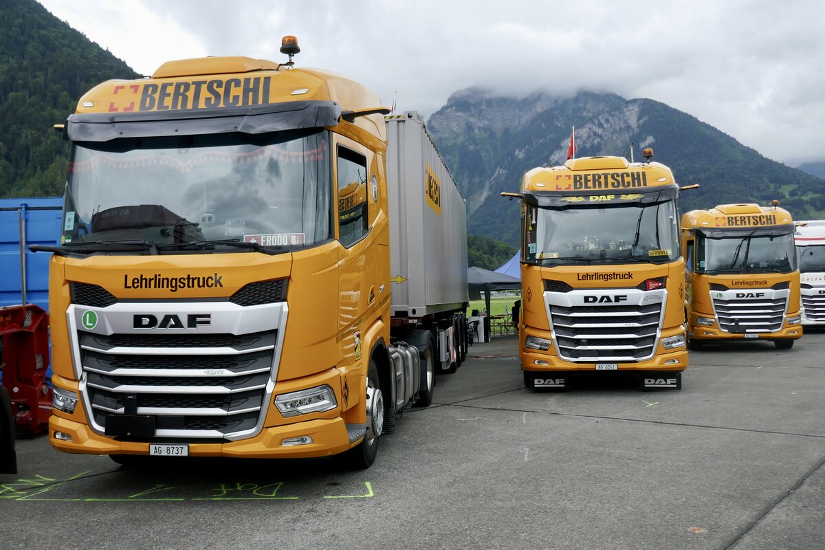 Mehrere DAF von Bertschi die am 30.6.24 beim Trucker Festival in Interlaken stehen.