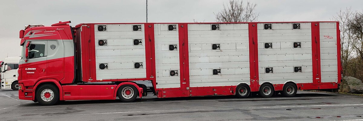 =Scania Tiertransporter steht auf dem Rasthof Werneck im Dezember 2023