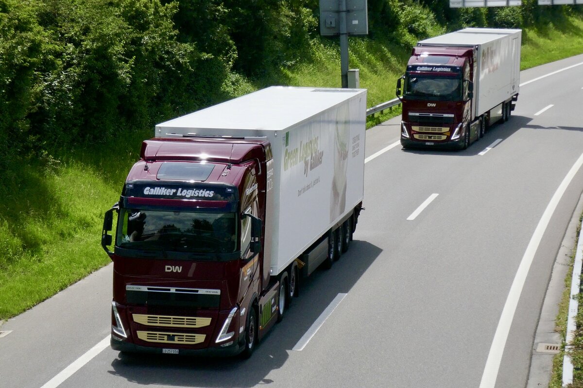 Zwei DW Sattelzüge von Galliker die am 28.6.24 unterwegs zum Trucker Festival sind auf der A8 in Matten b. Interlaken.