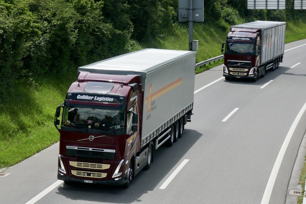 Zwei Volvo Sattelzüge von Galliker die am 28.6.24 auf dem Weg zum Trucker Festival sind auf der A8 in Matten b. Interlaken.