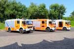 euerwehr Dietzenbach Mercedes Benz Atego TLF16 (Florian Dietzenbach 4/22-1), StlF20-V (Florian Dietzenbach 4/40-1) und HLF20 (Florian Dietzenbach 4/46-1) am 20.07.24 bei einen Fototermin.