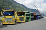 Scanias von Zgraggen und LKWs von Studer Transporte die am 14.7.24 beim Trucker Treffen in Ambri stehen.