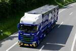 Scania Sattelzug von Reinhard Recycling am 28.6.24 auf dem Weg zum Trucker Festival auf der A8 in Matten b.