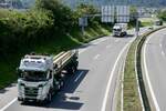 Scania Holztransporter und weitere LKW von Martin Schaller die am 28.6.24 auf dem Weg zum Trucker Festival auf der A8 in Matten b.