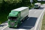 Scania Sattel- und Hängerzug von Traveco die am 28.6.24 zum Trucker Festival unterwegs sind auf der A8 in Matten b. Interlaken.