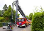 Werkfeuerwehr Freudenberg Scania P410 mit 54 Meter Pronto Skylift am 18.08.24 beim Kreisfeuerwehrtag in Reichelsheim 