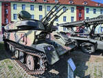 Die Selbstfahrlafette ZSU-23-4  Schilka  ist ein Flugabwehrkanonenpanzer zur Bekämpfung niedrig fliegender Ziele und leicht gepanzerte Bodenziele. (Museum für Luftverteidigung Koszalin (Köslin), September 2024)