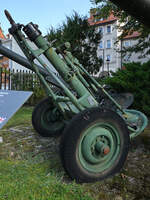 Der 120-mm-Granatwerfer M1938/1943 wurde während des Zweiten Weltkrieges in der Sowjetunion entwickelt und ist hier Anfang September 2024 im Waffenmuseum Kołobrzg (Kolberg) zu sehen.