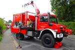 Feuerwehr Bad König (Odenwald) Mercedes Benz Unimog U5023 GW-L Kats mit den einzelnen Modulen am 18.08.24 beim Kreisfeuerwehrtag in Reichelsheim