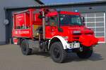 Feuerwehr Riedstadt Leeheim Mercedes Benz Unimog U5023 GW-L KatS (Florian Riedstadt 69) mit Waldbrandmodul am 15.03.25 bei einen Fototermin.