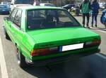 Heckansicht eines Audi 80 B1 Typ 82 GTE im Farbton cliffgrün. Oldtimerbrunch am Cafe del sol in Gelsenkirchen am 09.03.2025.