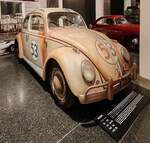 =VW Käfer HERBIE, Bj. 1963, 1192 ccm, 34 PS, ausgestellt im Museum PROTOTYP in Hamburg, 09-2024. Dieser Käfer wurde mit Originalteilen aus dem Walt-Disney-Fundus wieder aufgebaut.