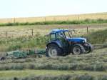 New Holland TM 115 mit Schwader bei der Heuernte in der Gemarkung von 36100 Petersberg-Marbach