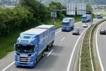 Ein Scania Hängerzug und weitere LkW von Brauch Transporte am 28.6.24 auf dem Weg zum Trucker Festival auf der A8 in Matten b.